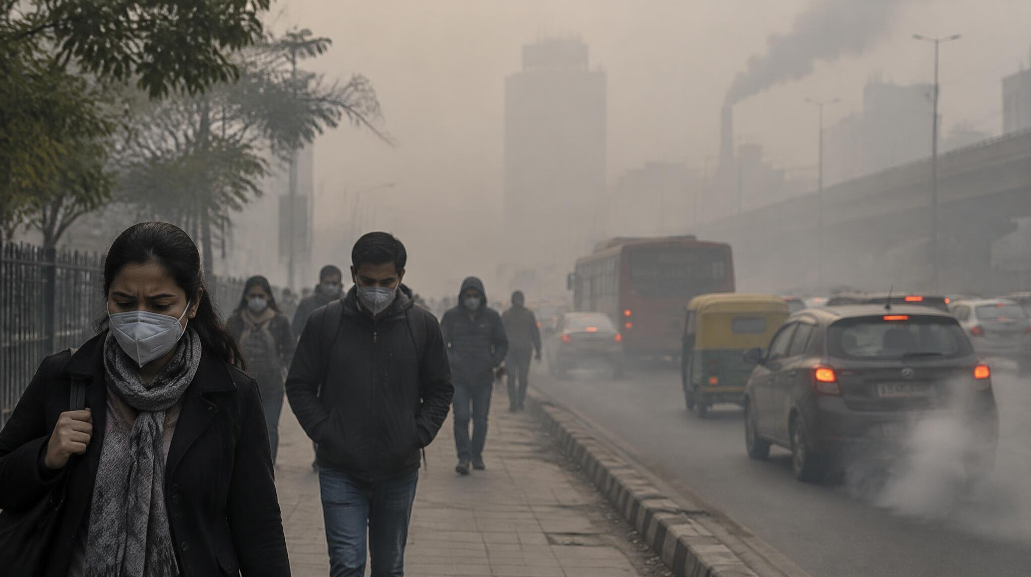 people walking in polluted area