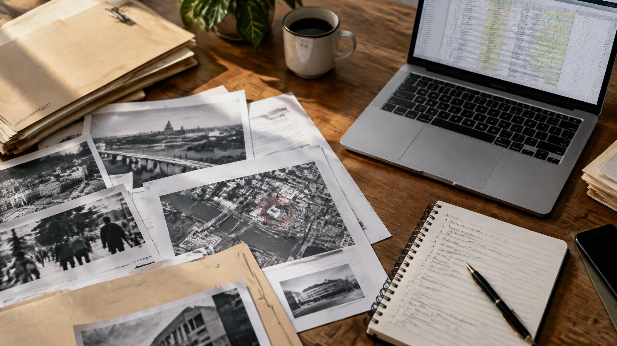 Investigative journalist's desk covered with documents, folders and a laptop