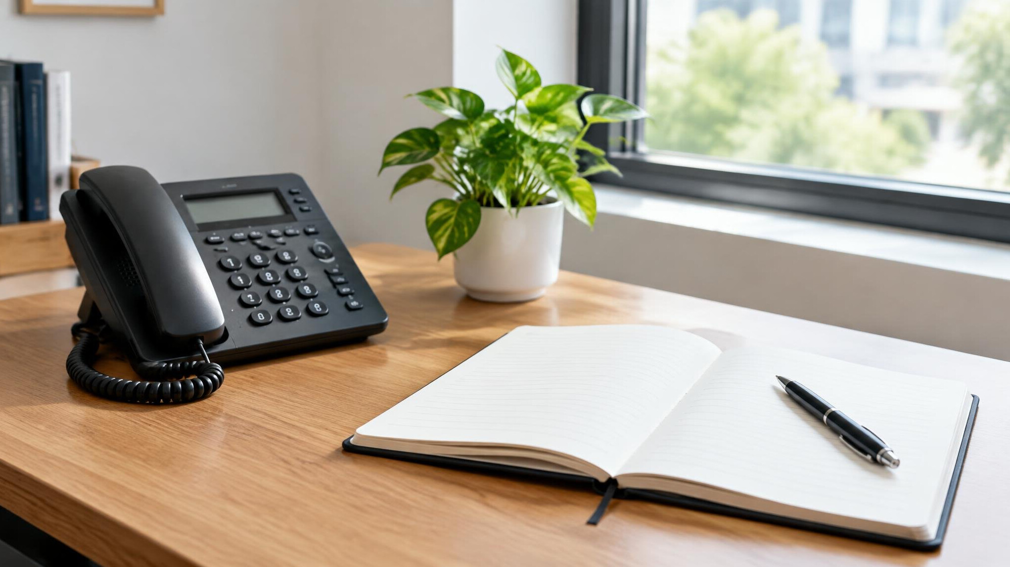 Tidy office desk with a telephone, notebook and pen