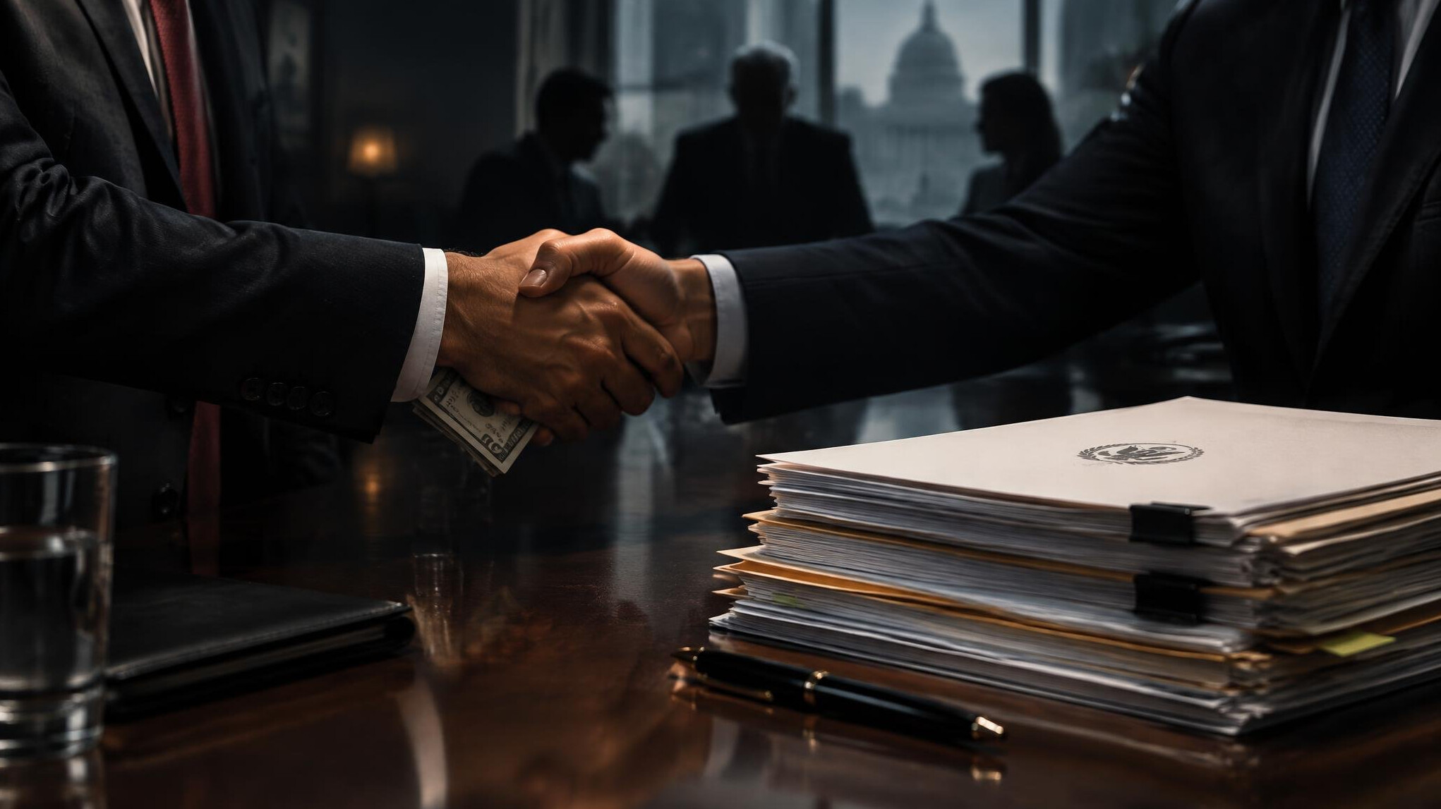 corrupt handshake in suit