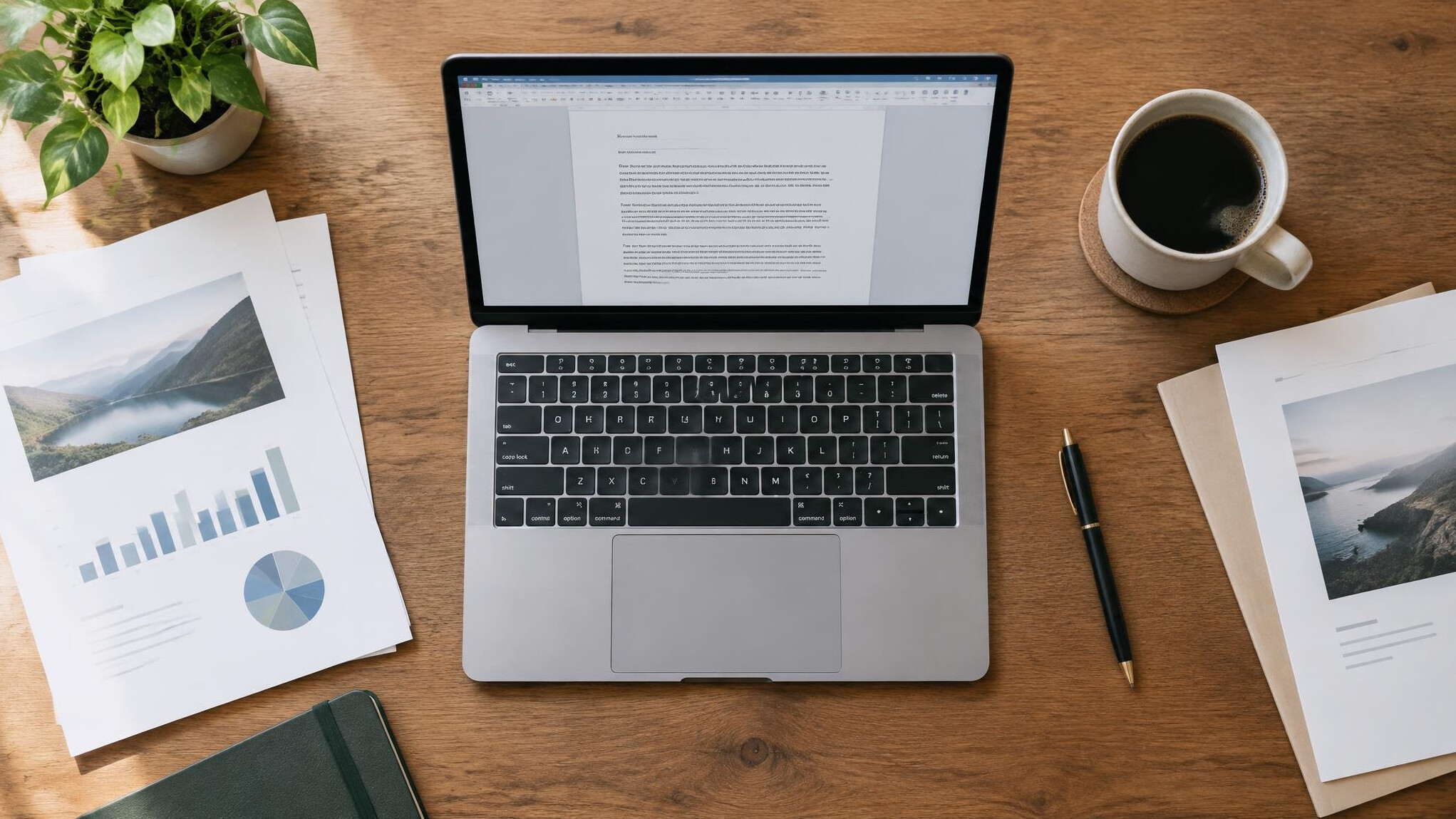Laptop with open documents and coffee on a desk