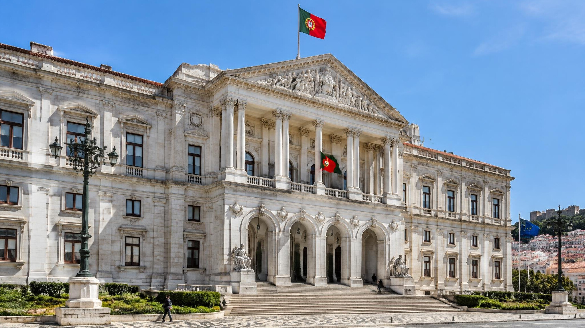 Historic government building facade in Lisbon Portugal