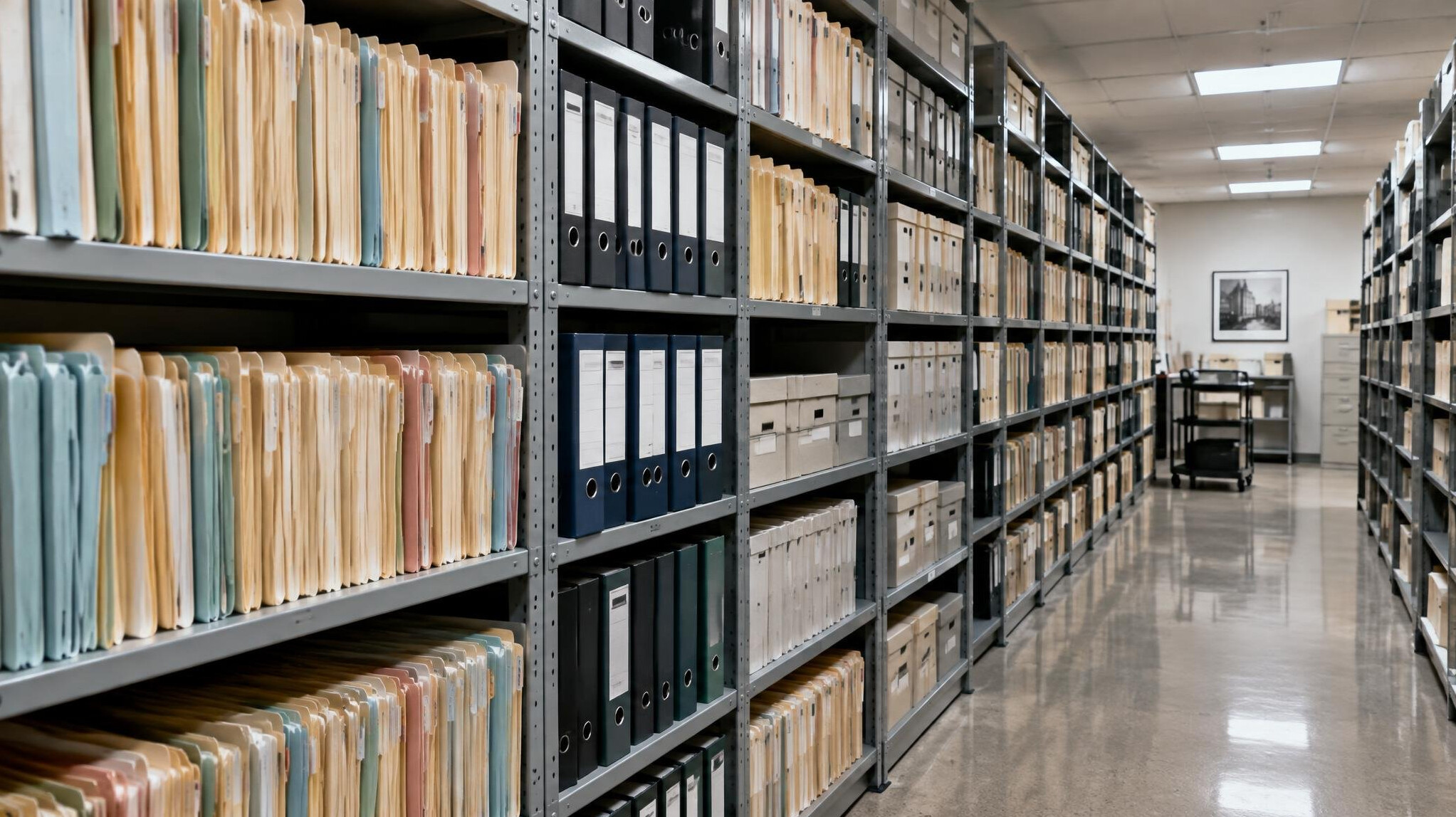 Rows of archived paper files and folders in a records room